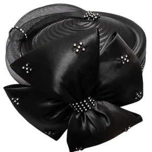 Women's designer couture satin ribbon hat church Kentucky derby Pillbox Black